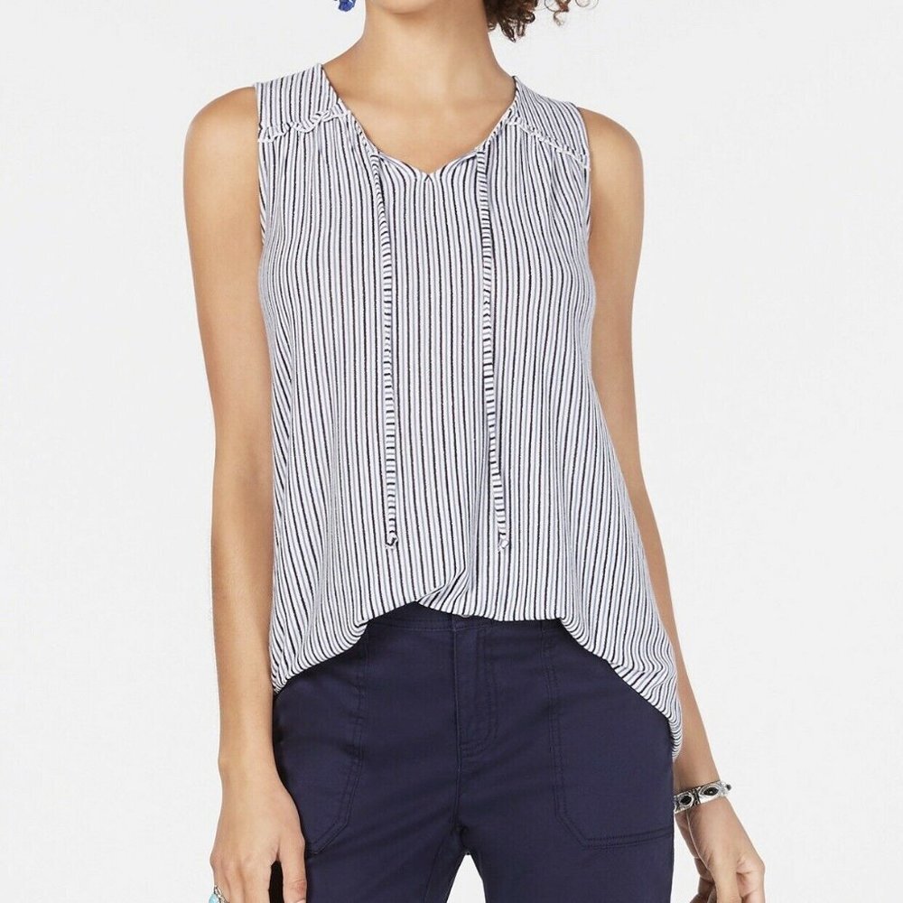 Style & Co. White and Navy Striped Sleeveless Tie-Front Blouse